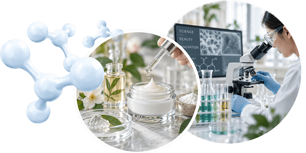 Cosmetic formulation research with molecular structures, skincare ingredients, and laboratory microscopy